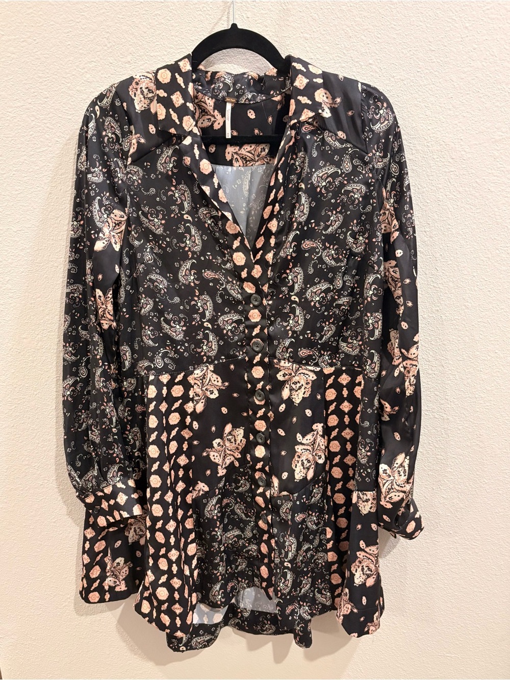 Free People Black Paisley Button-Front Long Sleeve Dress with Peach Accents